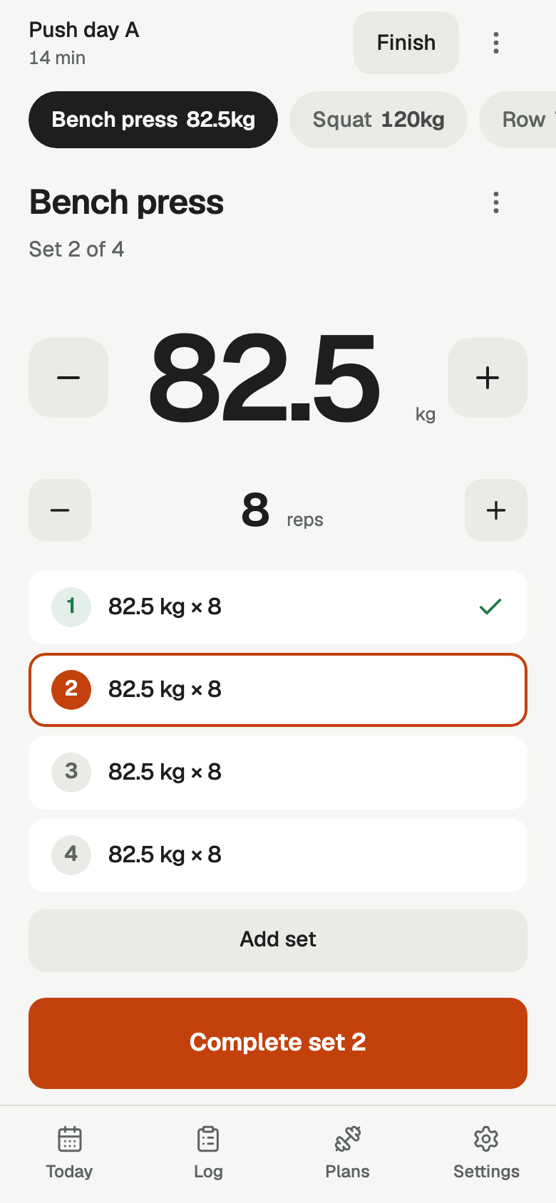 Barbells mid-set: the active workout screen with a 100 kg bench press, big weight steppers, the set list, and a fixed Complete set button