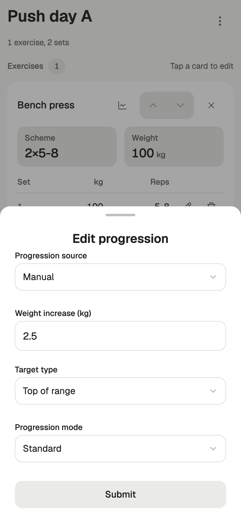 The Edit progression screen in Barbells, with Progression source set to Manual, Weight increase 2.5 kg, Target type Top of range and Progression mode Standard. Behind it the plan shows Bench press, scheme 2 by 5 to 8, at 100 kg.